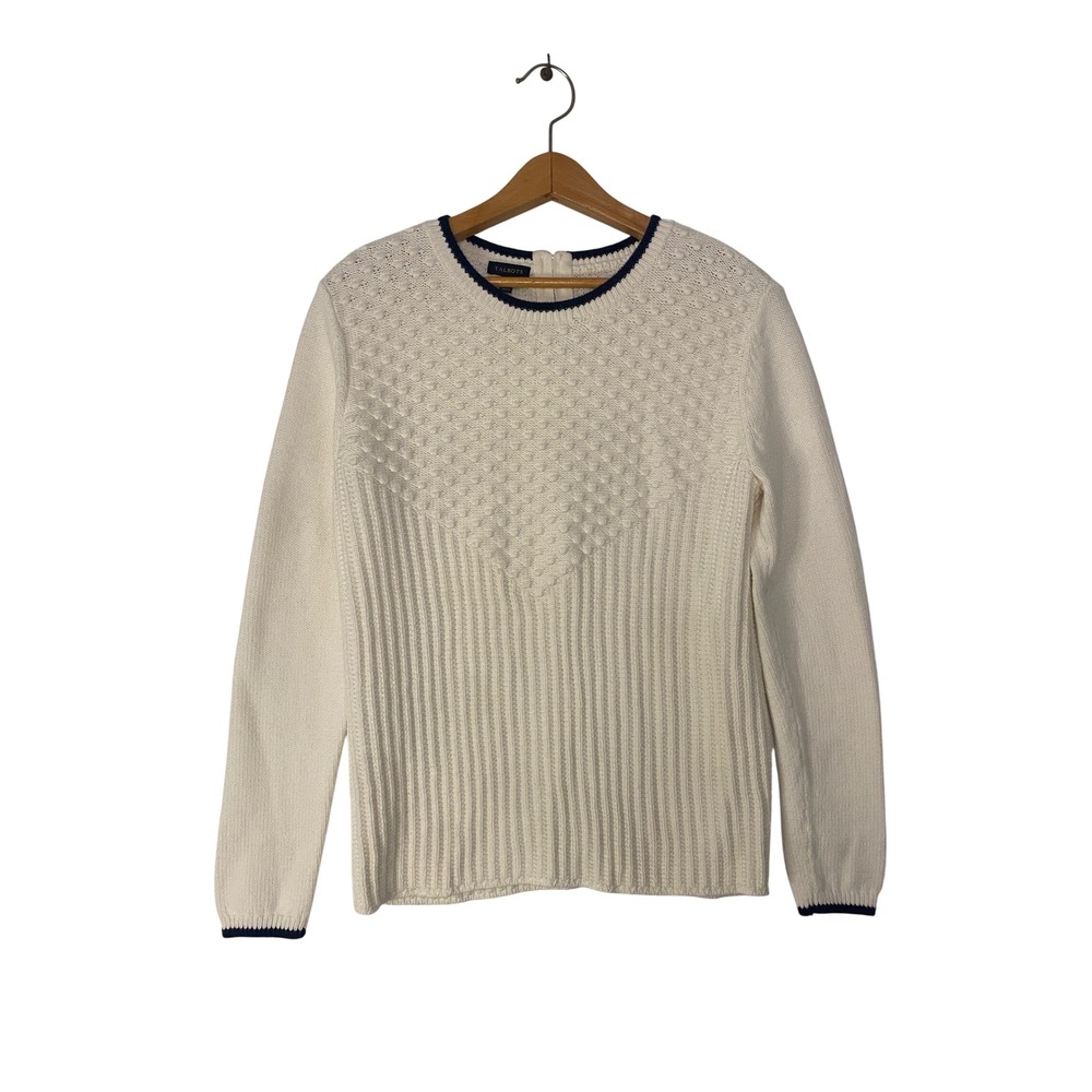 Talbots White Ivory Cotton Ribbed Knit Sweater Womens Med Coastal Preppy